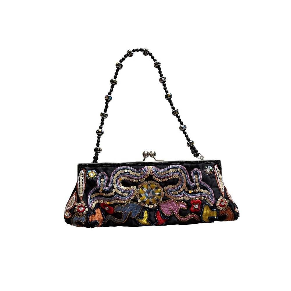 Vintage Chateau Beaded Sequin Satin Kiss Lock Evening Bag Embroidered Floral